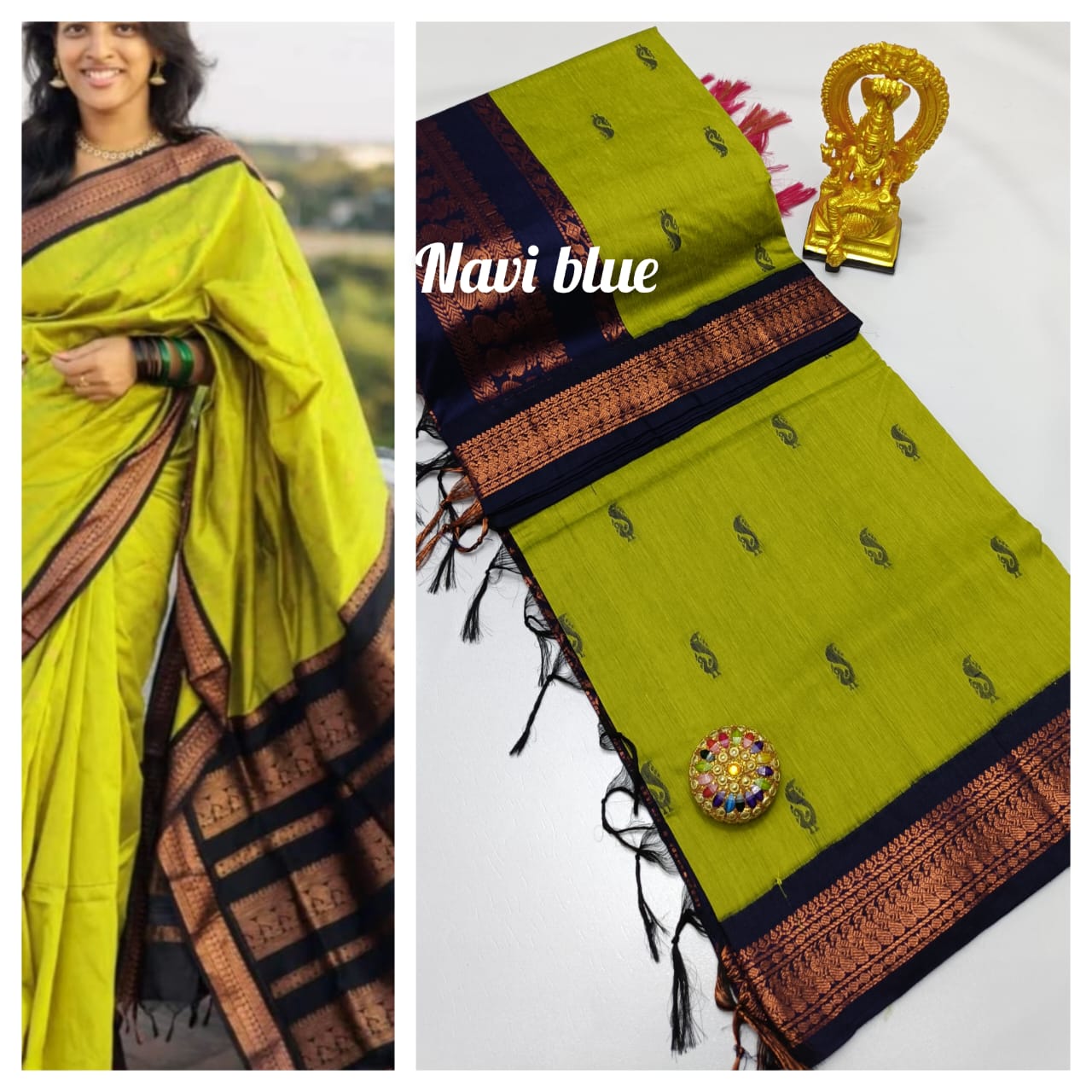 Mehendi Green Kalyani Cotton Saree with Navy Blue Border