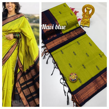 Mehendi Green Kalyani Cotton Saree with Navy Blue Border