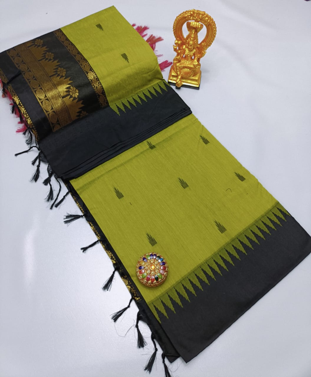 Mehendi Green Kalyani Cotton Saree with Navy Blue Border