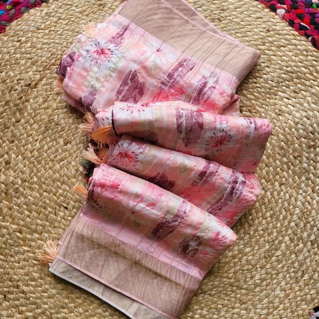 Elegant Pink & Purple Printed Semi-Tussar Saree