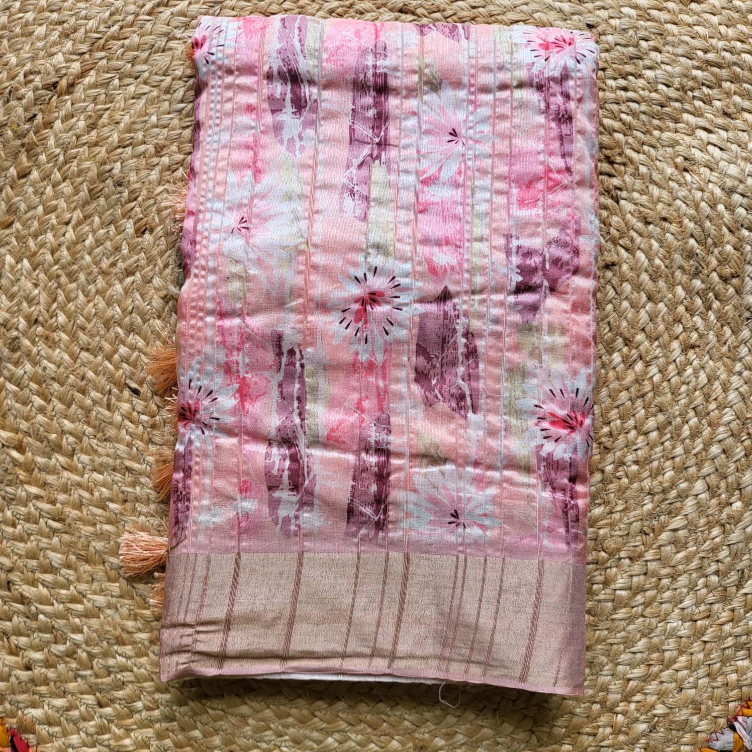 Elegant Pink & Purple Printed Semi-Tussar Saree