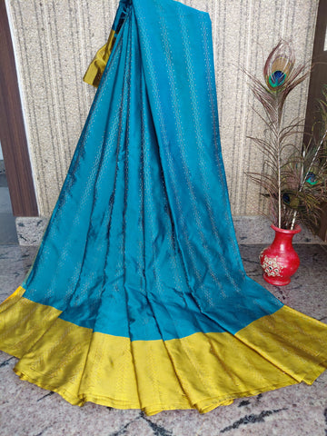 Teal Blue Aarni Silk Saree with Mustard Zari Border