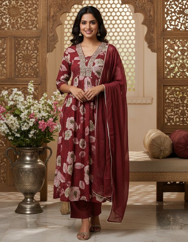 Maroon Floral Soft Mul Cotton 3-Piece Kurti Set