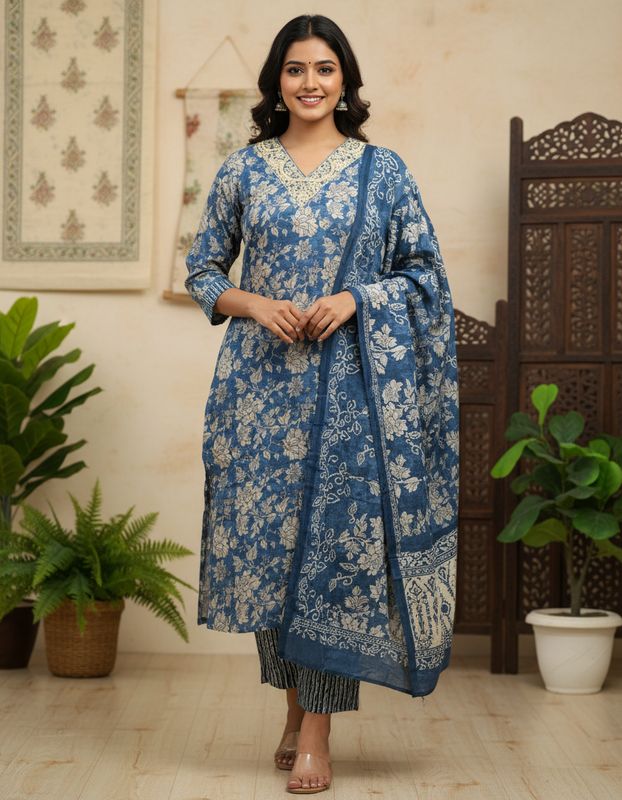 Elegant Blue Floral Cotton-Modal Silk 3-Piece Kurti Set