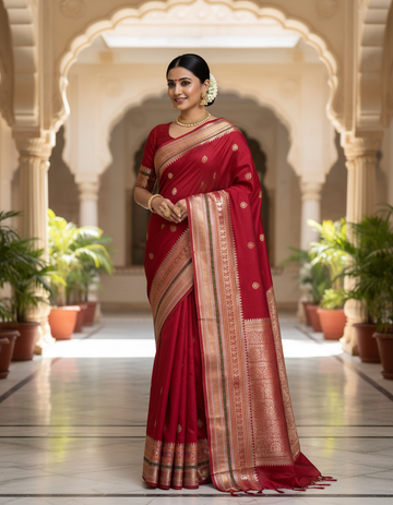 Traditional Crimson Kattan Silk Saree with Elegant Zari Motifs