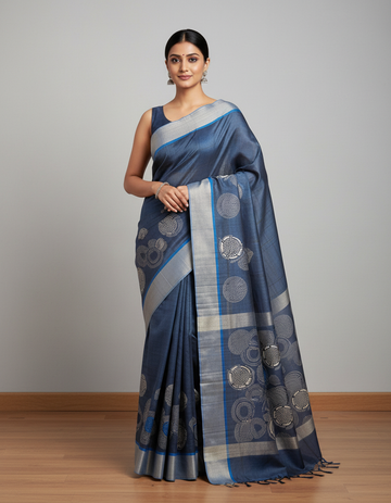 Elegant Steel Blue Semi-Tussar Saree with Silver Zari Butta & Contrast Border