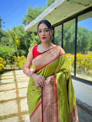 ✨ Olive Green Paithani Saree with Traditional Pallu ✨