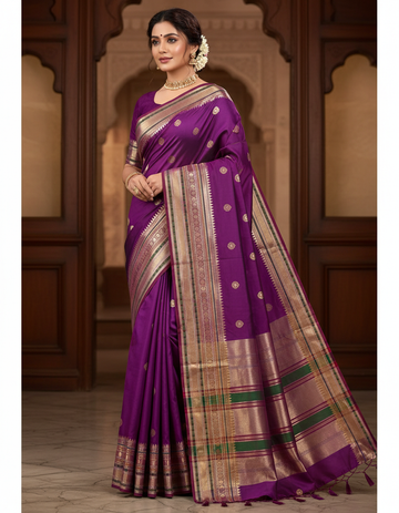 Royal Purple Kattan Silk Saree with Zari Butta & Temple Border