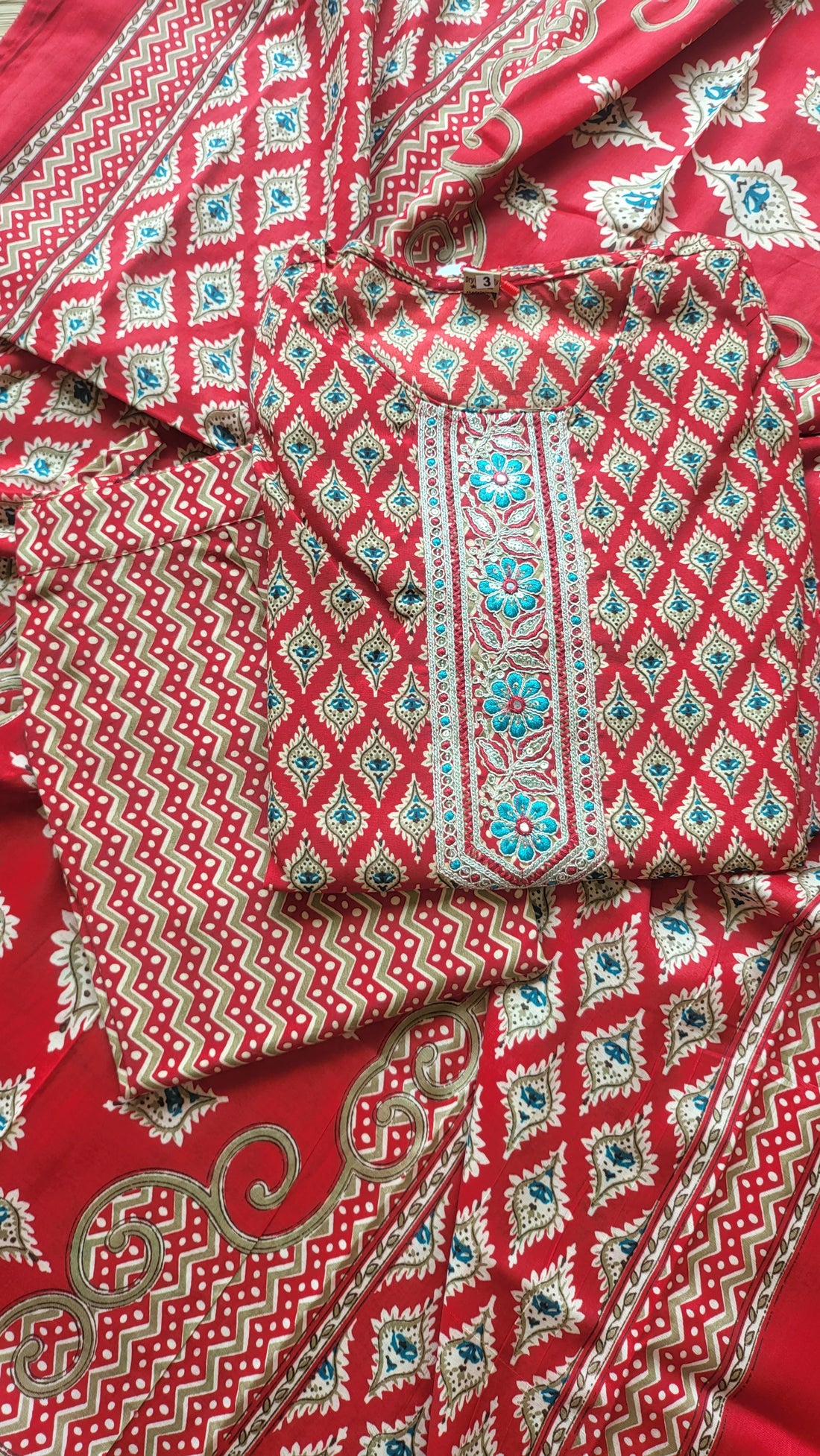 Graceful Red Cotton-Silk Mixed 3-Piece Kurti Set