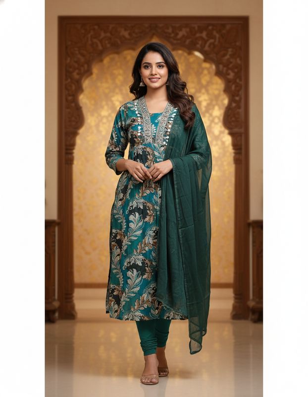 Elegant Teal Mul Cotton Embroidered Kurti Set