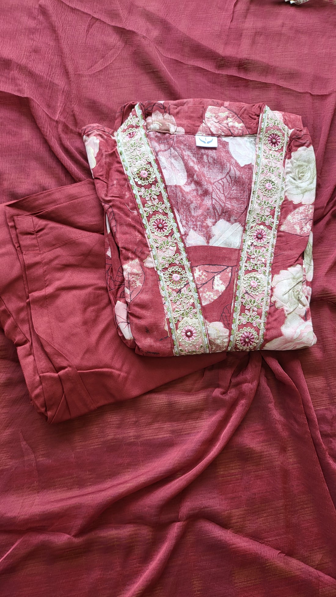 Maroon Floral Soft Mul Cotton 3-Piece Kurti Set