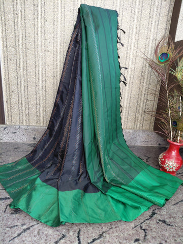Elegant Black Aarni Silk Saree with Bottle Green Border