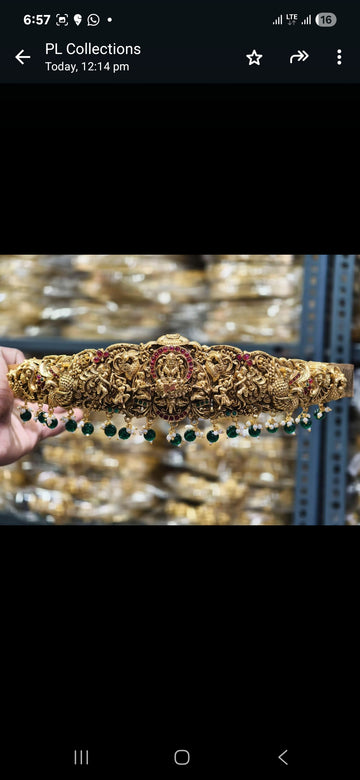 Antique Nakshi Imitation Jewellery Hip Belt with Temple Motifs & Emerald Bead Drops