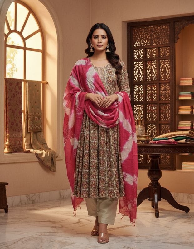 Magenta & Grey Modal Silk Alia Cut Kurti Set