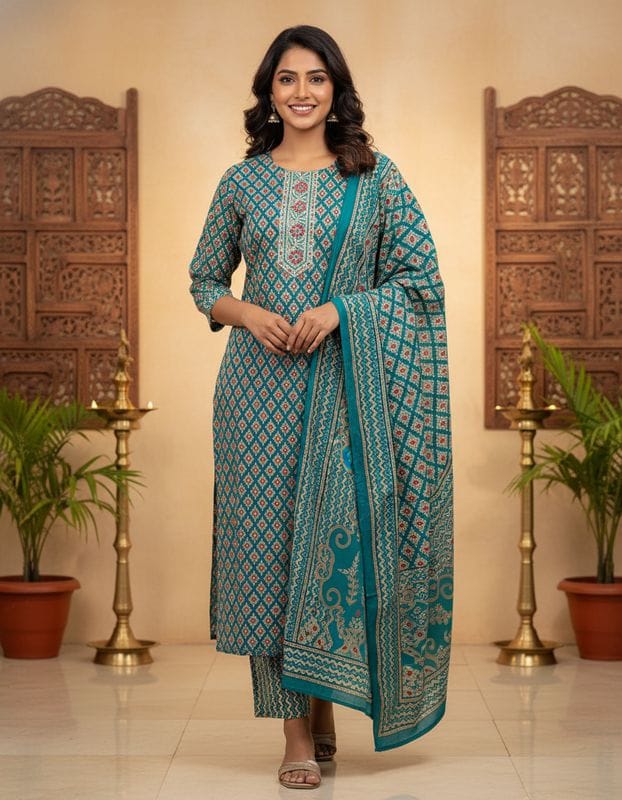 Teal Printed Readymade Kurti Set with Dupatta