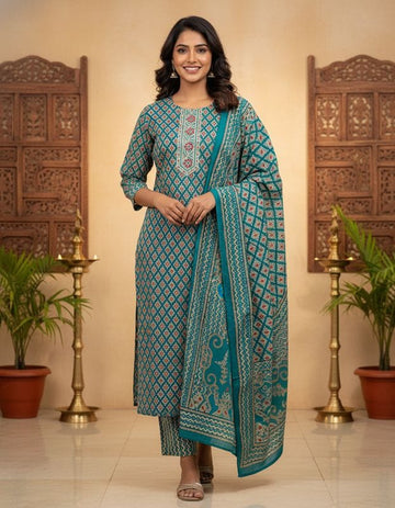 Teal Printed Readymade Kurti Set with Dupatta