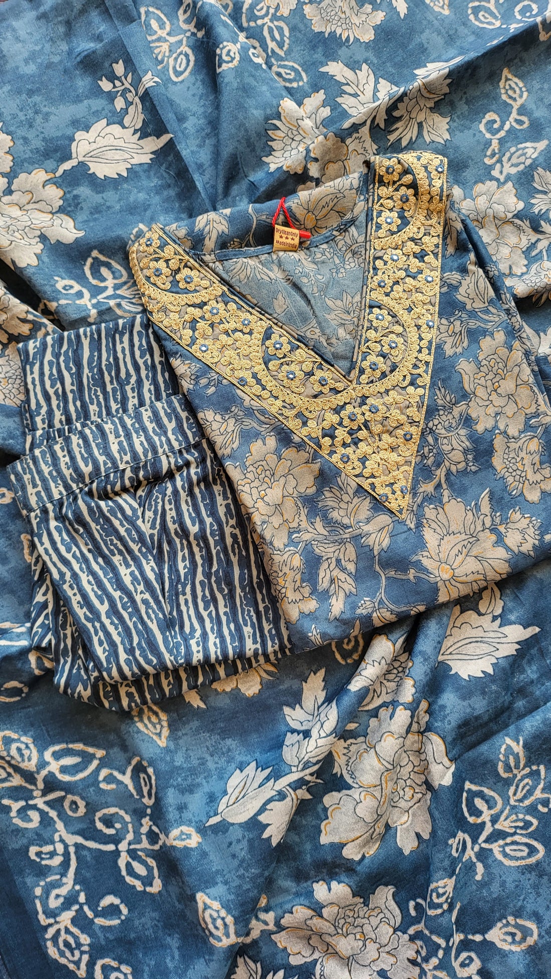 Elegant Blue Floral Cotton-Modal Silk 3-Piece Kurti Set