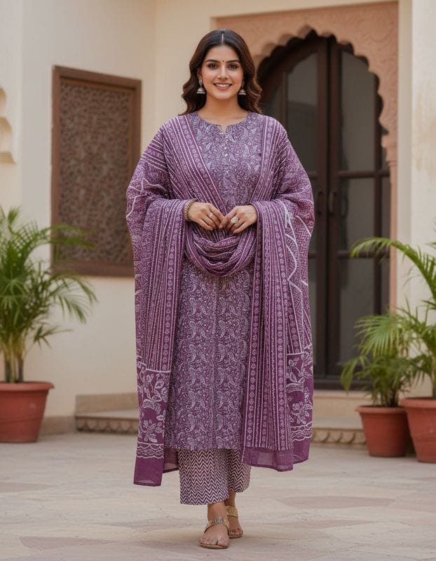 Lavender Tie-Dye Kurthi Set with Zig-Zag Stripe Pant