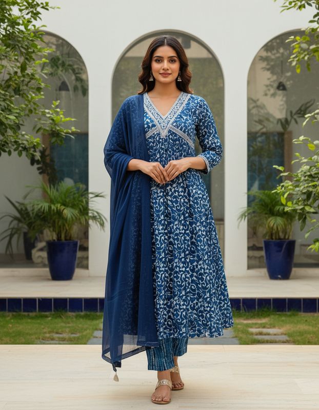 Indigo Elegance Cotton Kurti Set