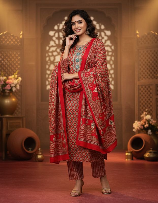 Graceful Red Cotton-Silk Mixed 3-Piece Kurti Set