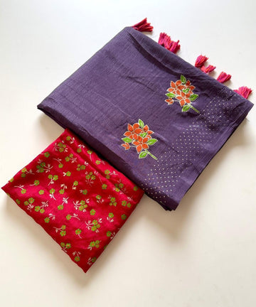 Elegant Purple Heavy Shinon Saree with Floral Foil Print & Contrast Blouse